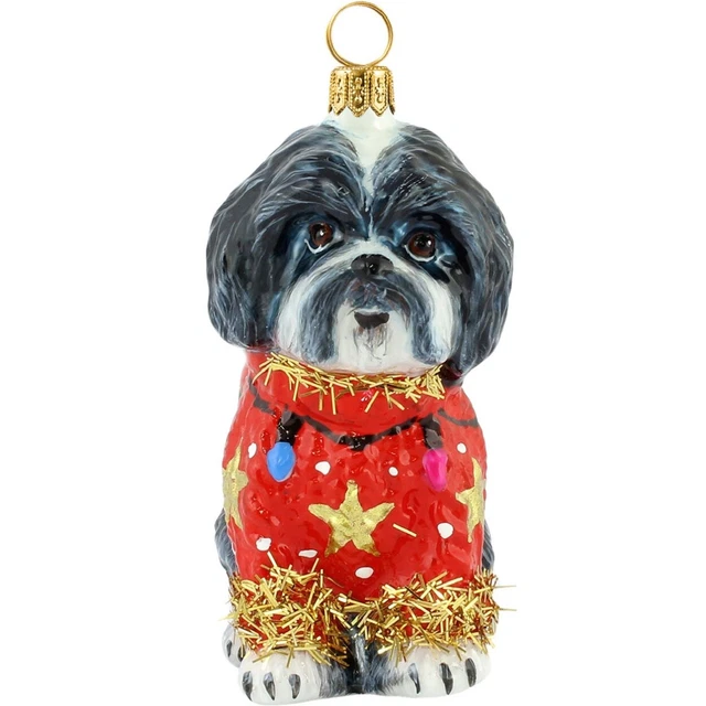 Black and White Shih Tzu Ugly Christmas Sweater Polish Glass Christmas Ornament