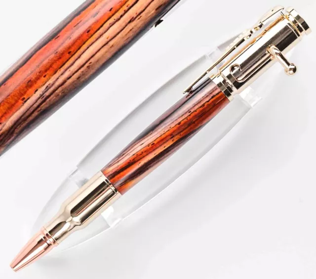 Hand Turned Bolt Action Ballpoint Pen, Exotic Cocobolo Wood & Gold, Rifle Clip