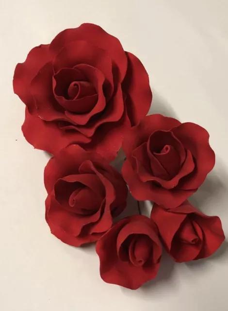 5 Single Red Roses Sugar flower wedding birthday cake decoration topper