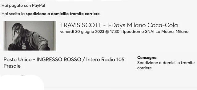 Biglietto concerto Travis Scott 30/06/2023 Ippodromo SNAI Milano INGRESSO ROSSO
