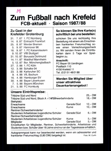 MANFRED KUBIK AUTOGRAMMKARTE Bayer Uerdingen 198788 Original + A