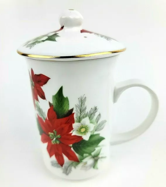 St. George Vintage Christmas Poinsettias Bone China Lidded Tea Cup Mug England