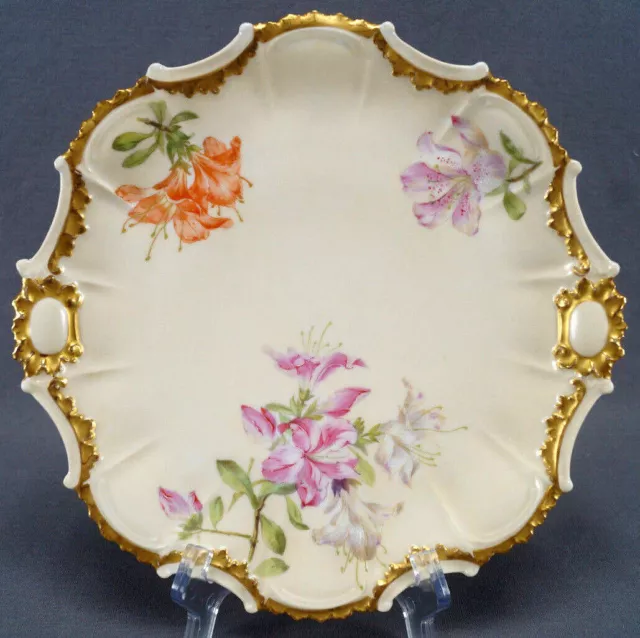 T&V Coiffe Limoges Pink Red & White Floral & Gold 9 1/2 Inch Antique Plate C1900