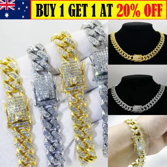 Iced Out 13mm Prong Cuban Link Chain Necklace Men Women Rhinestone Choker Chain