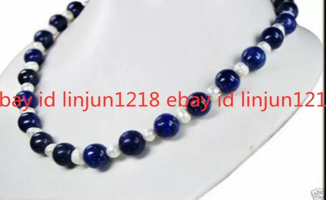 Natural 8mm Dark Blue Lapis Lazuli Real White Pearl Gemstone Beads Necklace 18"