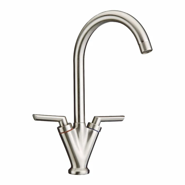 Stainless Steel Tap Double Lever Kitchen Sink Taps Mono Bloc High Swan Swivel