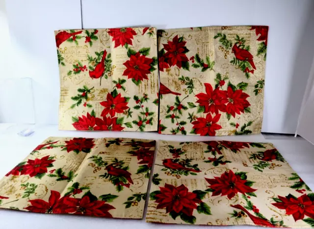 Four Poinsettias Placemats Red Gold 15 X 15 Holly Kitchen Christmas Table Decor