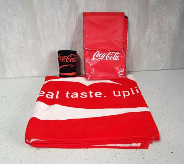 NEW COLLECTABLE COCA COLA Kit Beach Towel, Cooler Bag, Beer Can Bottle Holder