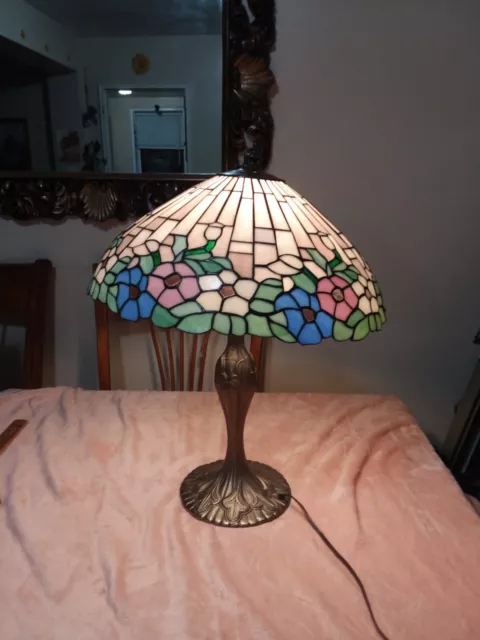 Vintage Tiffany Style Table Lamp Stained Glass Shade Roses-  Floral 23  Tall