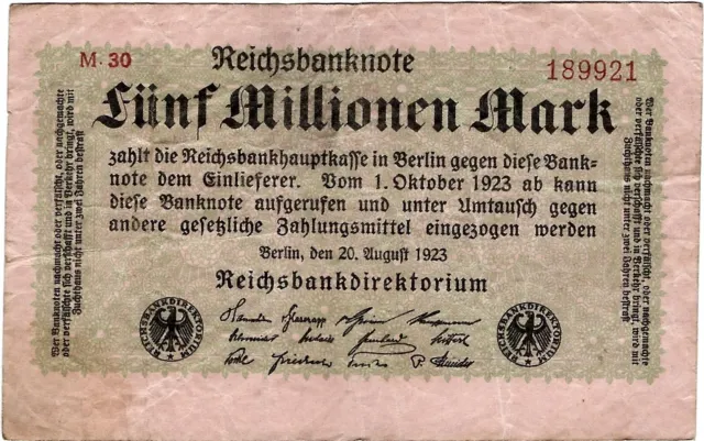 Reichsbanknote 5 Millionen Mark 1923 Reichsbank DEU-117b Ro.104b P-105(2)