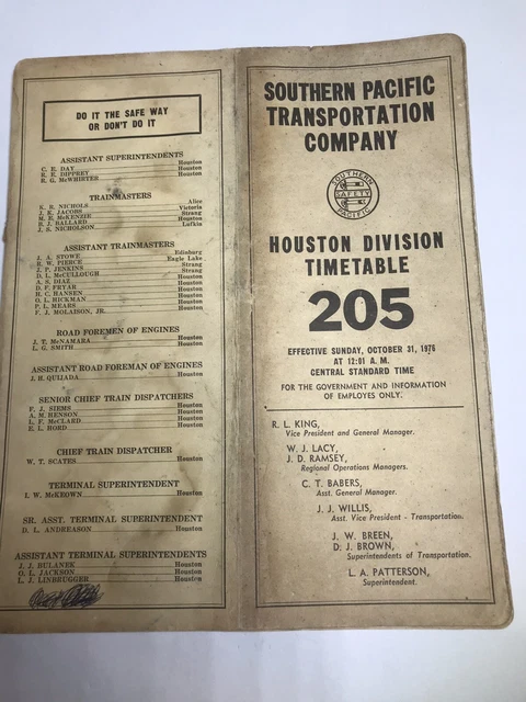 1976 Timetable Southern Pacific Transportation Co Houston Division #205