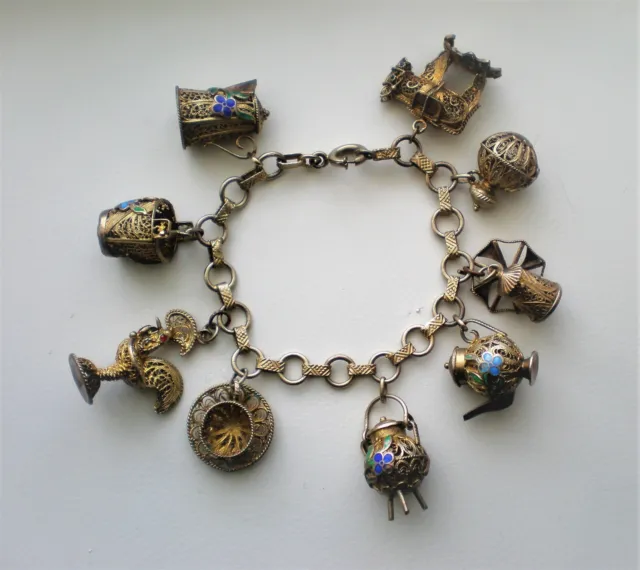 Antique Chinese Export Gold Gilded Sterling Cloisonne Enamel Charm Bracelet