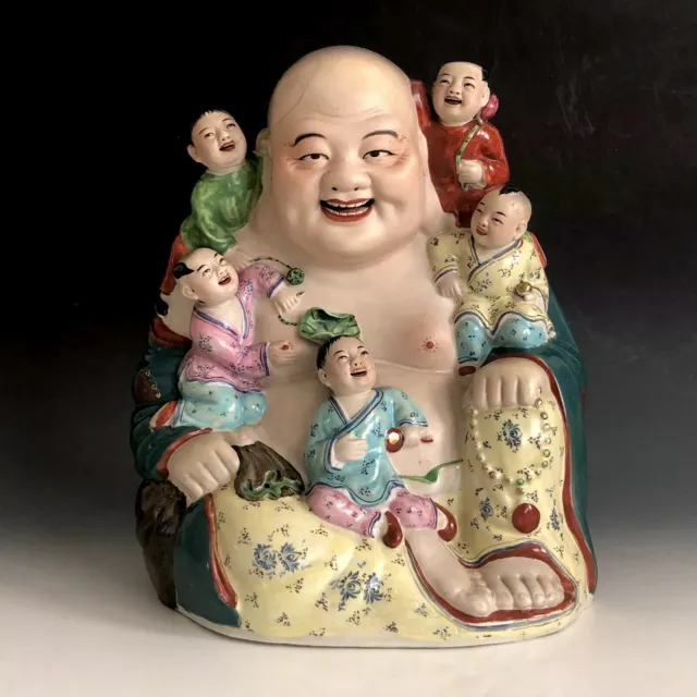 Vintage Chinese Famille Rose Porcelain Laughing Buddha With Children Statue