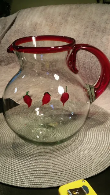 Vintage large Mexican hand blown glass pitcher with red chili pepper handle& rim