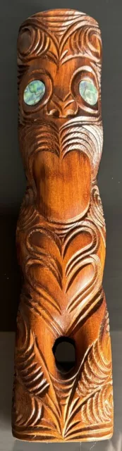 Vtg Maori Tribal Tiki Wood Carved Teko Teko  New Zealand Rotorua Paua Shell Eyes