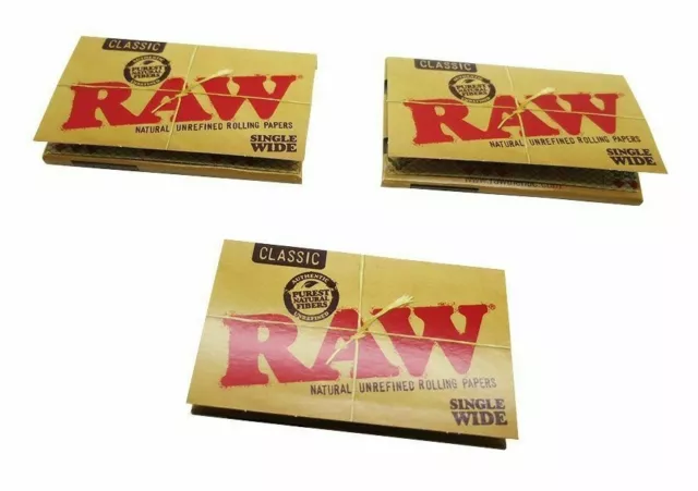 3 PACKS RAW CLASSIC SINGLE WIDE ROLLING PAPERS NATURAL 300 TOTAL SHEETS 100/pack