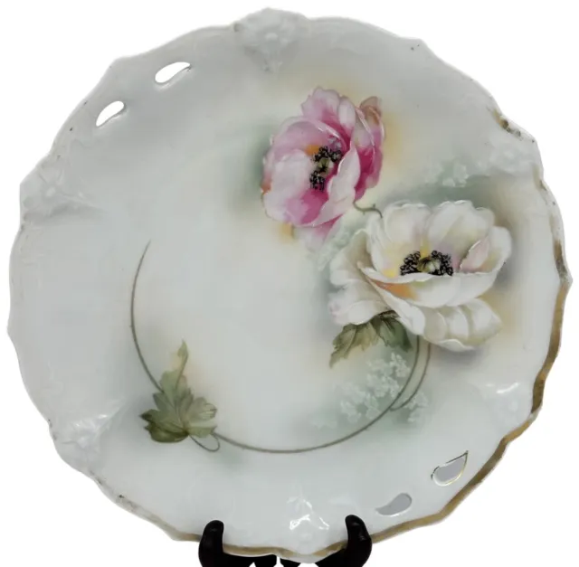 Vintage J.S.V Germany Hand Painted 10.5” Plate Floral Gold Edge Open Handled