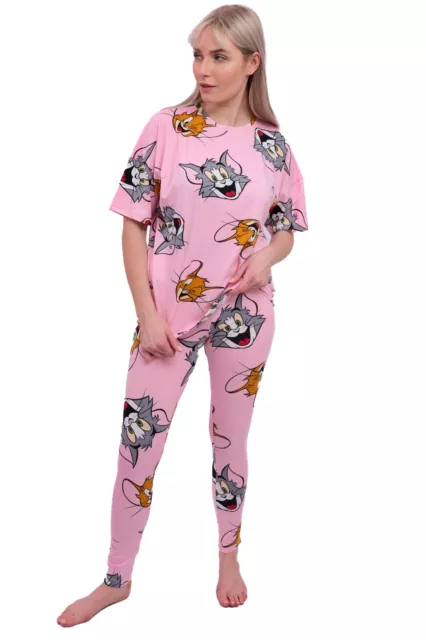 Womens Ladies Pyjamas PJ Top Bottoms Set Loungewear Cotton Tom & Jerry Size 4-22