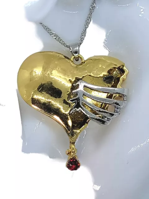 Heart Necklace Large Charm Pendant Puffy Brass Metal Gold Tone Silver-tone Chain