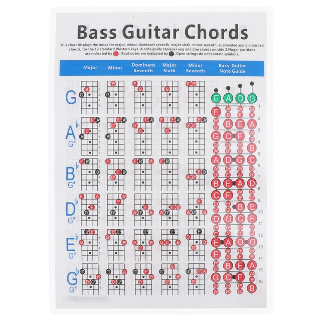 Affiche D'accords De Basse Pour Débutants - 12 Touches Standards - Positions Des Doigts Indiquées