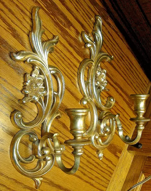 SCONCE Set (2) Vintage Syroco Homco Gold-Tone Candle Holder Wall Mount USA   884