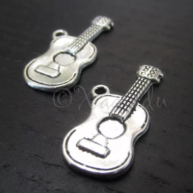 Acoustic Guitar 25mm Antique Silver Plated Music Charms C2036 - 10, 20 Or 50PCs