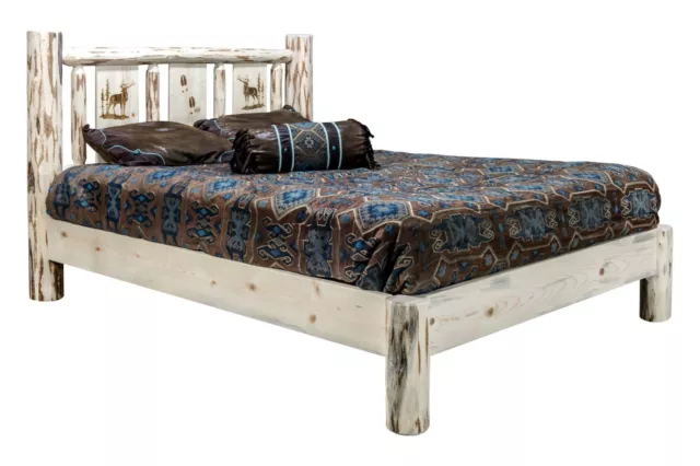 QUEEN LOG Platform Bed Rustic Etched Western Unique Deer Wolves Wood Carving
