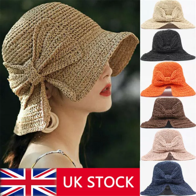 Women Bow Straw Hats Ladies Foldable Hat Summer Sun Hat Beach Brimmed Hat UK