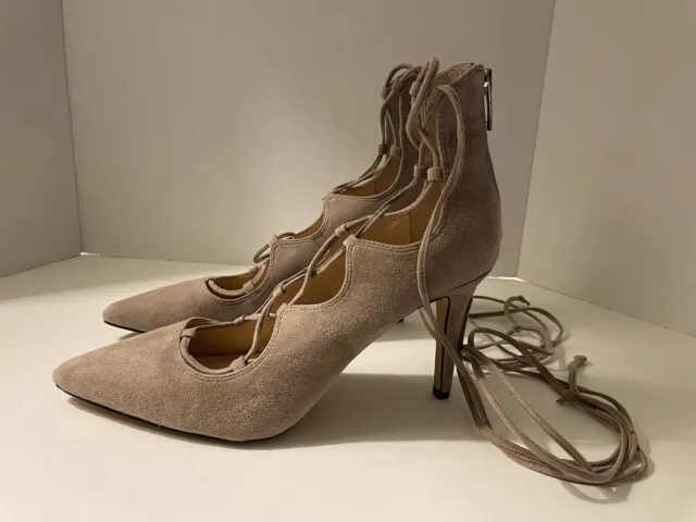 Vince Camuto Women Taupe Suede Leather Laced Heels BARSHA NWOT Sample Sale 8.5