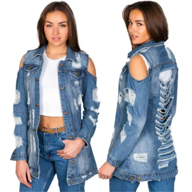 Women Denim Ripped Cold Shoulder Long Sleeve Buttons Casual Clubwear Jacket Coat