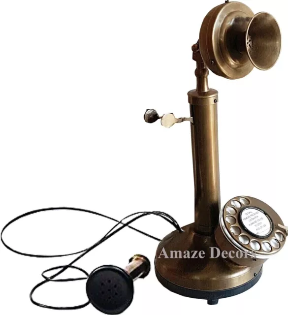 Antique Brass Landline Telephone Vintage Rotary Dial Nautical Candlestick Phone