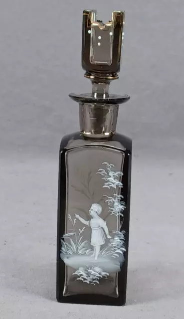 Bohemian Mary Gregory Style Enameled Girl Smoke Grey & Gold Glass Perfume Bottle