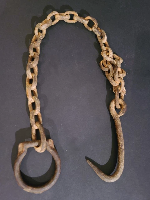 Antique Steel Hook on Length of Chain Beam Iron Ring 28" Inch Long