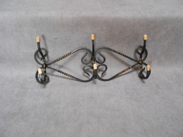 Vintage French Black wrought iron Coat Hat Rack w/3 hooks hangers