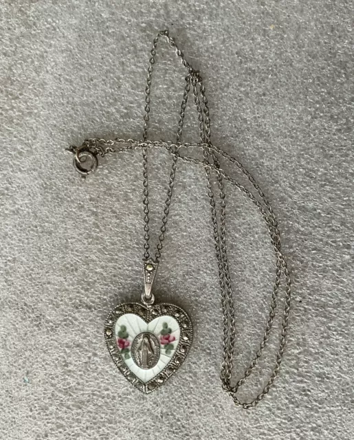 Vtg Guilloche Enamel Sterling Silver Roses Mary Heart Charm Pendant Necklace.