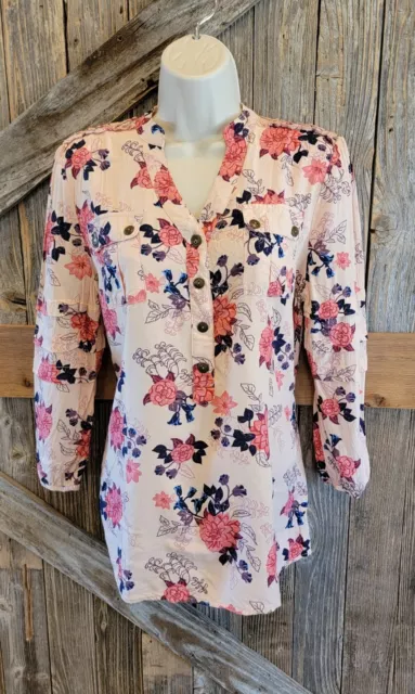 Matilda Jane liverly milly Womens Floral Peasant Blouse pink medium M ruffle EUC 2