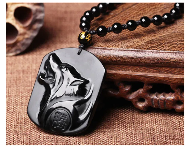 Hand Carved Natural  Obsidian Howling Wolf Head Amulet Pendant Necklace