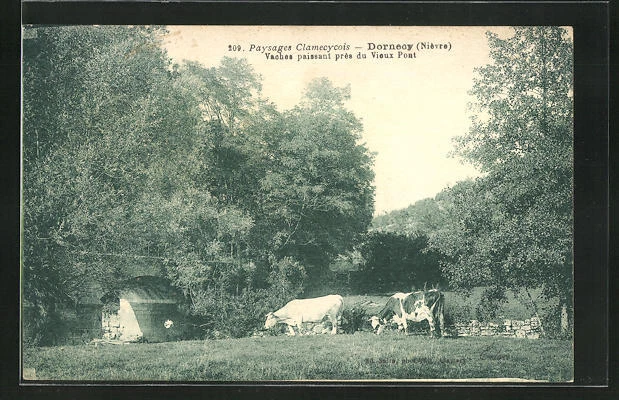 CPA Dornecy, Paysages Clamecycois, Vaches paissant prés du Vieux Pont 1931