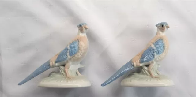 Pair Of Beautiful Vintage Japanese Blue & Beige Porcelain Pheasant Figurines 2