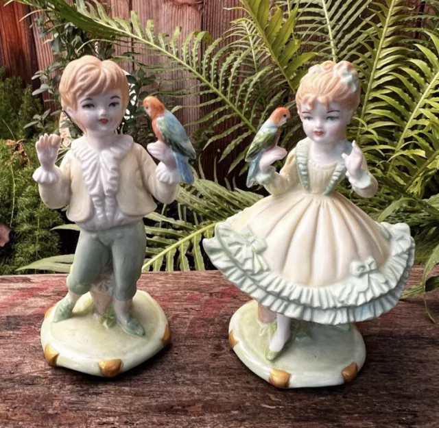 PMC Porcelain Boy & Girl Holding Parrots Vintage 1950's Bisque Green Figurines