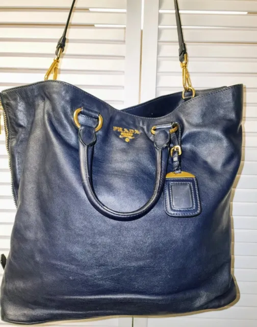 🎁 AUTH PRADA Navy Blue Vitello Daino Convertible Leather HOBO BAG Satchel 🎁