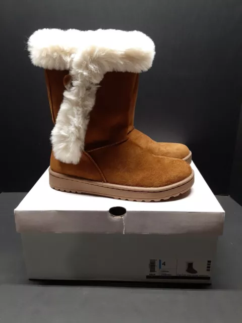 SO Kohl's Youth Girl's Size 4 Sophia Brown Winter Boots with Faux Fur Trim, EUC!