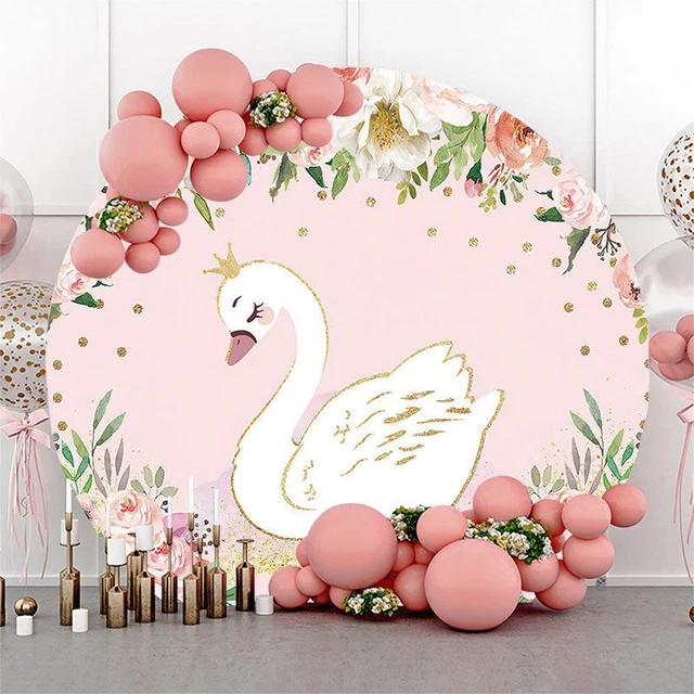 Pink Wooden Floral Swan Girl Round Backdrop Kit