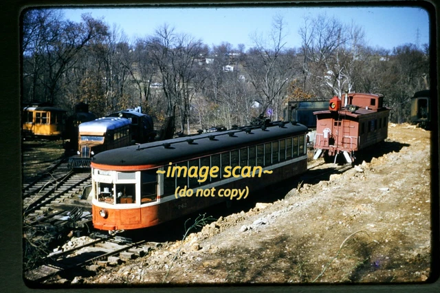 Rock Island Caboose & Trolley at St. Louis NMOT in 1950's, Kodachrome Slide j17b