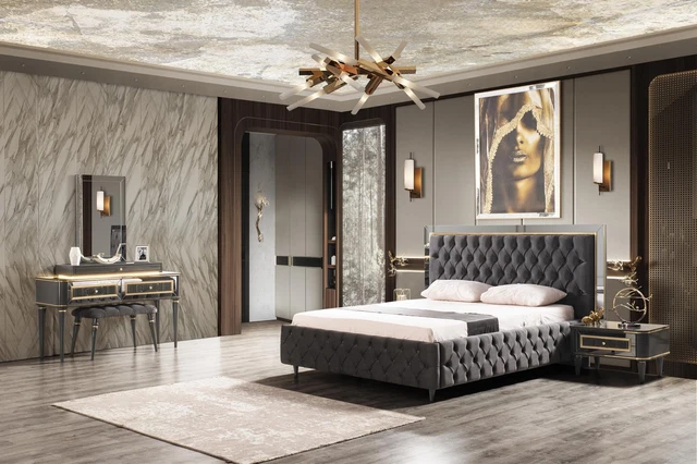 Chesterfield Chambre à Coucher Set Lit Moderne Lits 2x Nachttische Coiffeuse
