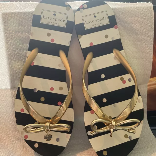 KATE SPADE BLACK White Stripe Spade Gold Strap Flip-Flops Sandals Size ...