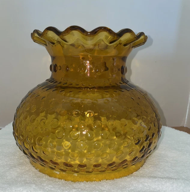 Vintage Amber Hobnail Glass Hurricane Lamp Shade Ruffled Top 6-7/8" Fitter