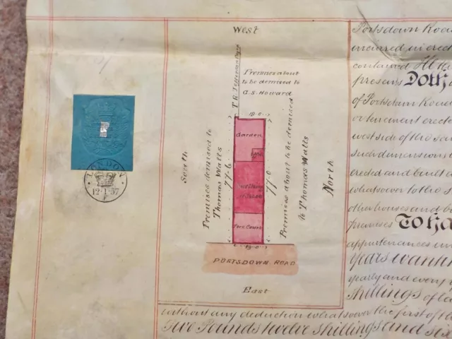 1857 Paddington Maida Vale London 2 page Vellum Deed Indenture Colour Plan