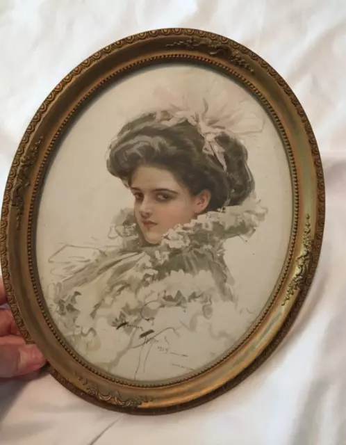 Harrison Fisher Victorian Lady Portrait Gold Custom Framed Lithograph 9" x 11"
