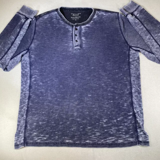 Lucky Brand Venice Burnout Men XL Blue Gray Waffle Knit Thermal LS Henley Shirt